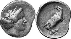 THE COINAGE OF OLYMPIA Hera mint silver fractions c.350s - c. 324 Estimate: CHF 450.00 Drachm (Silver, 2.62 g 5), c. 350s. F Head of Hera to right, wearing stephane ornamented with tendrils. Rev. Eagl