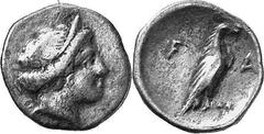 THE COINAGE OF OLYMPIA Hera mint silver fractions c.350s - c. 324 Estimate: CHF 225.00 Obol (Silver, 0.79 g 9), c. 350s. Head of Hera to right, similar to the last. Rev. F Eagle, with closed wings, st