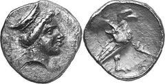 THE COINAGE OF OLYMPIA Hera mint silver fractions c.350s - c. 324 Estimate: CHF 225.00 Obol (Silver, 0.94 g 1), c. 340s. Head of Hera, as last, from the same die. Rev. F Eagle, with closed wings, stan