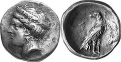 THE COINAGE OF OLYMPIA Hera mint silver fractions c.350s - c. 324 Estimate: CHF 425.00 Hemidrachm (Silver, 2.83 g 9), c. late 340s. Head of Hera to left, wearing stephane inscribed F. Rev. F Eagle, wi
