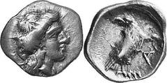 THE COINAGE OF OLYMPIA Hera mint silver fractions c.350s - c. 324 Estimate: CHF 300.00 Obol (Silver, 0.87 g 2), c. late 340s. Head of Olympia as last, from the same die. Rev. F (retrograde) Eagle, wit