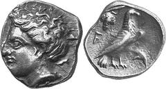 THE COINAGE OF OLYMPIA Hera mint silver fractions c.350s - c. 324 Estimate: CHF 750.00 Hemidrachm (Silver, 2.97 g 11), c. 330s, signed by D…. Head of Olympia to left, from the same die as last. Rev. F