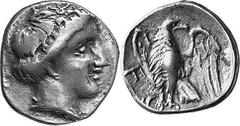 THE COINAGE OF OLYMPIA Hera mint silver fractions c.350s - c. 324 Estimate: CHF 350.00 Hemidrachm (Silver, 2.87 g 6), c. 320s. Head of Olympia as last, from the same die. Rev. F Eagle, with spread win