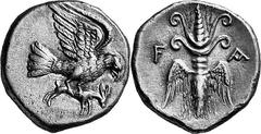 THE COINAGE OF OLYMPIA The Last Silver Issues of Olympia, c. mid 250s-210 Estimate: CHF 650.00 Drachm (Silver, 4.81 g 12), c. 245/240-210. Eagle, with raised wings, flying right, grasping the back of 