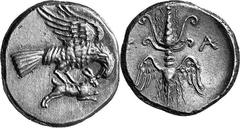 THE COINAGE OF OLYMPIA The Last Silver Issues of Olympia, c. mid 250s-210 Estimate: CHF 625.00 Drachm (Silver, 4.76 g 2), c. 245/240-210. Eagle, with raised wings, flying right, grasping the back of a