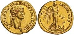 Roman Gold Coins Claudius, 41-54 Estimate: CHF 10'000.00 Aureus (Gold, 7.79 g 7), 44-45. Obverse: TI CLAVD.CAESAR.AVG.P.M.TR.P.IIII Laureate head of Claudius to right.Reverse: PACI AVGVSTAE Winged fig