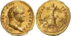 Roman Gold Coins Titus Caesar, 69-79 Estimate: CHF 10'000.00 Aureus (Gold, 7.29 g 6), Rome, 75.Obverse: T CAESAR IMP VESPASIAN Laureate head of Titus to right.Reverse: PONTIF TR P COS IIII Victory, ho