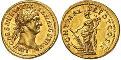 Roman Gold Coins Trajan, 98-117 Estimate: CHF 12'000.00 Aureus (Gold, 7.78 g 6), Rome, 99.Obverse: IMP CAES NERVA TRAIAN AVG GERM Laureate head of Trajan to right.Reverse: PONT MAX TR POT COS II Fortu