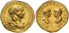 Roman Gold Coins Trajan, 98-117 Estimate: CHF 30'000.00 Aureus (Gold, 7.30 g 7), Rome, 115.Obverse: IMP TRAIANVS AVG GER DAC P M TR P COS VI PP Laureate, draped and cuirassed bust of Trajan to right.R
