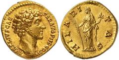 Roman Gold Coins Marcus Aurelius Caesar, 139-161 Estimate: CHF 10'000.00 Aureus (Gold, 7.33 g 6), Rome, 145.Obverse: AVRELIVS CAESAR AVG PII F COS II Bare head of Marcus Aurelius to right.Reverse: HIL