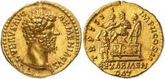 Roman Gold Coins Lucius Verus, 161-169 Estimate: CHF 10'500.00 Aureus (Gold, 7.32 g 12), Rome, 164. Obverse: L VERVS AVG ARMENIACVS Bare head of Lucius Verus to right. Reverse: TR P IIII IMP II COS II