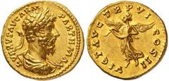 Roman Gold Coins Lucius Verus, 161-169 Estimate: CHF 8'500.00 Aureus (Gold, 7.29 g 5), Rome, 166.Obverse: L VERVS AVG ARM PARTH MAX Laureate, draped and cuirassed bust of Lucius Verus to right.Reverse