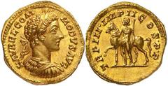 Roman Gold Coins Commodus. 177-192 Estimate: CHF 14'000.00 Aureus (Gold, 7.32 g 12), Rome, struck during his joint reign with his father, 177-178. Obverse: L.AVREL.COMMODVS AVG Laureate and cuirassed 