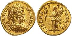 Roman Gold Coins Septimius Severus, 193-211 Estimate: CHF 12'000.00 Aureus (Gold, 7.59 g 5), Rome, 196.Obverse: L SEPT SEV PERT AVG IMP VIII Laureate, draped and cuirassed bust of Septimius Severus to