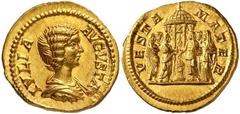 Roman Gold Coins Julia Domna, Wife of Septimius Severus Estimate: CHF 24'000.00 Aureus (Gold, 7.22 g 6), Rome, 207.Obverse: IVLIA AVGVSTA Draped bust of Julia Domna to right, her hair in a queue tied 