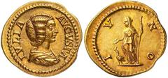 Roman Gold Coins Julia Domna, Wife of Septimius Severus Estimate: CHF 8'500.00 Aureus (Gold, 7.59 g 6), Rome, 209.Obverse: IVLIA AVGVSTA Draped bust of Julia Domna to right, her hair in a queue tied i