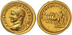 Roman Gold Coins Caracalla, 198-217 Estimate: CHF 12'500.00 Aureus (Gold, 6.75 g 1), Rome, 215.Obverse: ANTONINVS PIVS AVG GERM Laureate, draped and cuirassed bust of Caracalla to left.Reverse: P M TR