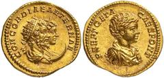 Roman Gold Coins Geta Caesar, 198-209 Estimate: CHF 35'000.00 Aureus (Gold, 7.23 g 12), Rome, 201.Obverse: P SEPT GETA CAES PONT Bare-headed, draped and cuirassed but of Geta to right. Reverse: CONCOR
