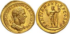 Roman Gold Coins Macrinus, 217-218 Estimate: CHF 32'500.00 Aureus (Gold, 7.25 g 7), Rome, July 217-March 218. Obverse: IMP C M OPEL SEV MACRINVS AVG Laureate, draped and cuirassed bust of Macrinus to 