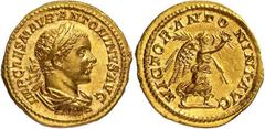 Roman Gold Coins Elagabalus, 218-222 Estimate: CHF 12'500.00 Aureus (Gold, 7.13 g 12), Rome, late summer 218.Obverse: IMP CAES M AVR ANTONINVS AVG Laureate, draped and cuirassed bust of Elagabalus to 