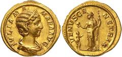 Roman Gold Coins Julia Mamaea, Mother of Severus Alexander Estimate: CHF 60'000.00 Aureus (Gold, 6.26 g 12), Rome, 223.Obverse: IVLIA MAMAEA AVG Draped bust of Julia Mamaea to right, wearing stephane 