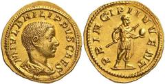 Roman Gold Coins Philip II Caesar, 244-247 Estimate: CHF 30'000.00 Aureus (Gold, 4.16 g 6), Rome, 245.Obverse: M IVL PHILIPPVS CAES Bare-headed and draped bust of Philip II to right.Reverse: PRINCIPI 