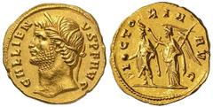 Roman Gold Coins Gallienus, 253-268 Estimate: CHF 10'000.00 Heavy Aureus (Gold, 5.67 g 7), Rome, 265.Obverse: GALLIENVS P F AVG Head of Gallienus to left, wearing wreath of grain leaves.Reverse: VICTO
