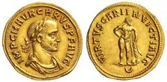 Roman Gold Coins Carus, 282-283 Estimate: CHF 18'500.00 Aureus (Gold, 4.76 g 12), Cyzicus, late 282-early 283.Obverse: IMP C M AVR CARVS P F AVG Laureate, draped and cuirassed bust of Carus to right. 