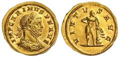 Roman Gold Coins Carinus, 283-285 Estimate: CHF 30'000.00 Aureus (Gold, 4.47 g 6), Rome, 285.Obverse: IMP CARINVS P F AVG Laureate, draped and cuirassed bust of Carinus to right.Reverse: VIRTVS AVG He