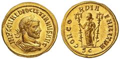 Roman Gold Coins Diocletian, 284-305 Estimate: CHF 8'500.00 Aureus (Gold, 5.28 g 7), Cyzicus, 286/287.Obverse: IMP C C VAL DIOCLETIANVS AVG Laureate, draped and cuirassed bust of Diocletian to right.R