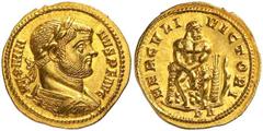 Roman Gold Coins Maximian, 286-305 Estimate: CHF 10'000.00 Aureus (Gold, 5.56 g 12), Rome, 287.Obverse: MAXIMIANVS P F AVG Laureate and cuirassed bust of Maximian to right.Reverse: HERCVLI VICTORI / P