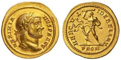 Roman Gold Coins Maximian, 286-305 Estimate: CHF 10'000.00 Aureus (Gold, 5.96 g 12), Rome, 294Obverse: MAXIMIANVS P F AVG Laureate head of Maximian to right.Reverse: HERCVLI DEBELLAT / PROM Hercules s