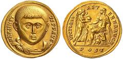 Roman Gold Coins Maxentius, 307-312 Estimate: CHF 160'000.00 Aureus (Gold, 5.51 g 12), Ostia, 310-312.Obverse: MAXENTIVS P F AVG Bare-headed, draped and cuirassed bust of Maxentius facing.Reverse: VIC