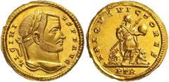 Roman Gold Coins Licinius I, 308-324 Estimate: CHF 22'000.00 Multiple of 1 ¼ Solidi or Aureus (Gold, 5.30 g 6), Trier, 313.Obverse: LICINIVS P F AVG Laureate head of Licinius I to right.Reverse: VBIQV