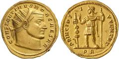 Roman Gold Coins Constantine I Caesar, 306-307 Estimate: CHF 75'000.00 Multiple of 2 Aurei (Gold, 10.63 g 12), Rome, 307.Obverse: CONSTANTINVS NOB CAESAR Radiate head of Constantine I to right.Reverse
