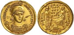 Roman Gold Coins Constantius II, 337-361 Estimate: CHF 2'500.00 Solidus (Gold, 4.44 g 6), Nicomedia, 351-355.Obverse: FL IVL CONSTANTIVS PERP AVG Diademed, helmeted and cuirassed bust of Constantius I