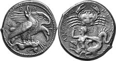 Sicily Akragas Estimate: CHF 115'000.00 Tetradrachm (Silver, 17.39 g 11), c. 420. Two eagles to right, perched on a dead hare; the nearer bird, with closed wings, raises its head in triumph while its 