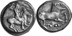 Sicily Gela Estimate: CHF 35'000.00 Tetradrachm (Silver, 17.52 g 8), c. 480. Bearded rider, nude but for helmet, on horse galloping to right, hurling spear from his raised right hand. Rev. Man-headed 