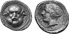 Sicily Katane Estimate: CHF 2'250.00 Drachm (Silver, 4.01 g 3), c. 410-405. Facing head of bald, bearded Silenos with pointed ears. Rev. Head of the youthful river-god Amenanos to left, his hair bound
