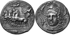Sicily Syracuse Estimate: CHF 250'000.00 Tetradrachm (Silver, 17.03 g 7), c. 405-400, signed by Eukleidas. Female charioteer, wearing a long, fluttering chiton, and holding a torch in her right hand a