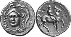 Sicily Syracuse Estimate: CHF 2'500.00 Hemidrachm (Silver, 1.36 g 1), c. 344-317 (or earlier?). Head of Athena facing, her hair falling in waves, wearing triple-crested crested helmet and pearl neckla