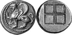 The Black Sea region and Thrace The Island of Samothrace Estimate: CHF 60'000.00 Didrachm (Silver, 8.91 g), c. 490. Sphinx crouching to left, her right forepaw raised. Rev. Quadri-partite incuse squar