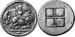Macedonia Akanthos Estimate: CHF 8'000.00 Tetradrachm (Silver, 16.96 g), c. 475. Bull, with head raised, collapsing to left, attacked by lion leap-ing on his back to right; above, ; in exergue, flower
