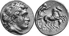 Macedonia Philip II, King of Macedon, 359-336 Estimate: CHF 4'500.00 Stater (Gold, 8.49 g 12), Magnesia, c. 323/2-319. Laureate head of Apollo to right, with the features of AlexanderIII. Rev. Chariot