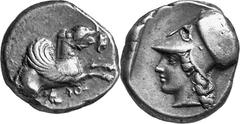 The Peloponnesos Corinthia Corinth Estimate: CHF 3'200.00 Stater (Silver, 8.56 g 7), c. 435. Pegasus with curved wing flying to right; below, . Rev. Head of Athena to left, wearing Corinthian helmet w