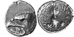 The Peloponnesos Elis Olympia Estimate: CHF 2'500.00 Obol (Silver, 0.97 g 10), c. 410. Eagle's head to left; below, ivy leaf. Rev. F Winged thunderbolt; all within olive wreath. BMC 42 var. De Nanteui