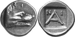 The Peloponnesos Argolis Argos Estimate: CHF 900.00 Obol (Silver, 0.87 g 12), c. 322-229. Head of wolf to right; above, . Rev. Large between . BMC 91. BMFA 1227. Traité III, 645, pl. CCXVI, 17. Beauti