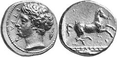 Greek Coins Syracuse Estimate: CHF 4'500.00 50 Litrae (Gold, 2.89 g 6), c. 405-400, unsigned but by Euainetos. Head of youthful river-god Anapos to left; behind, wheat grain. Rev. Free horse galloping