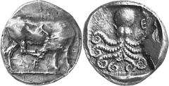 Greek Coins Eretria, Euboea Estimate: CHF 5'500.00 Stater (Silver, 8.17 g 1), c. 500-465. Cow standing right, her head turned back to lick her right hind hoof; below, . Rev. Octopus; to right, . BCD 3