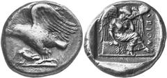 Greek Coins Olympia, Elis Estimate: CHF 6'500.00 Stater (Silver, 12.09 g 8), c. 432, the 87th Olympiad. Eagle standing left on ground line, his wings raised above his back; to left, dead heron. Rev. N